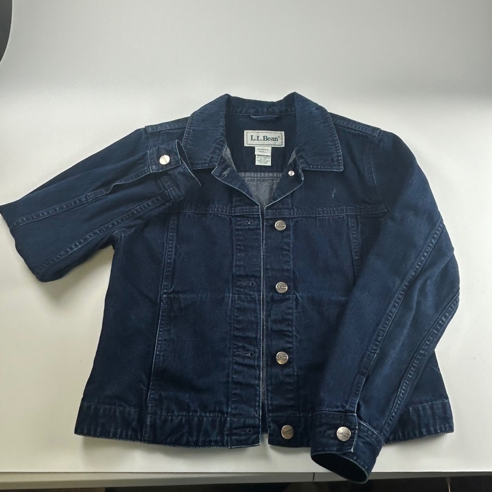 L.L. Bean WMNS S Biker VTG Denim Trucker Jacket Indigo Blue Cotton Button - Picture 4 of 10